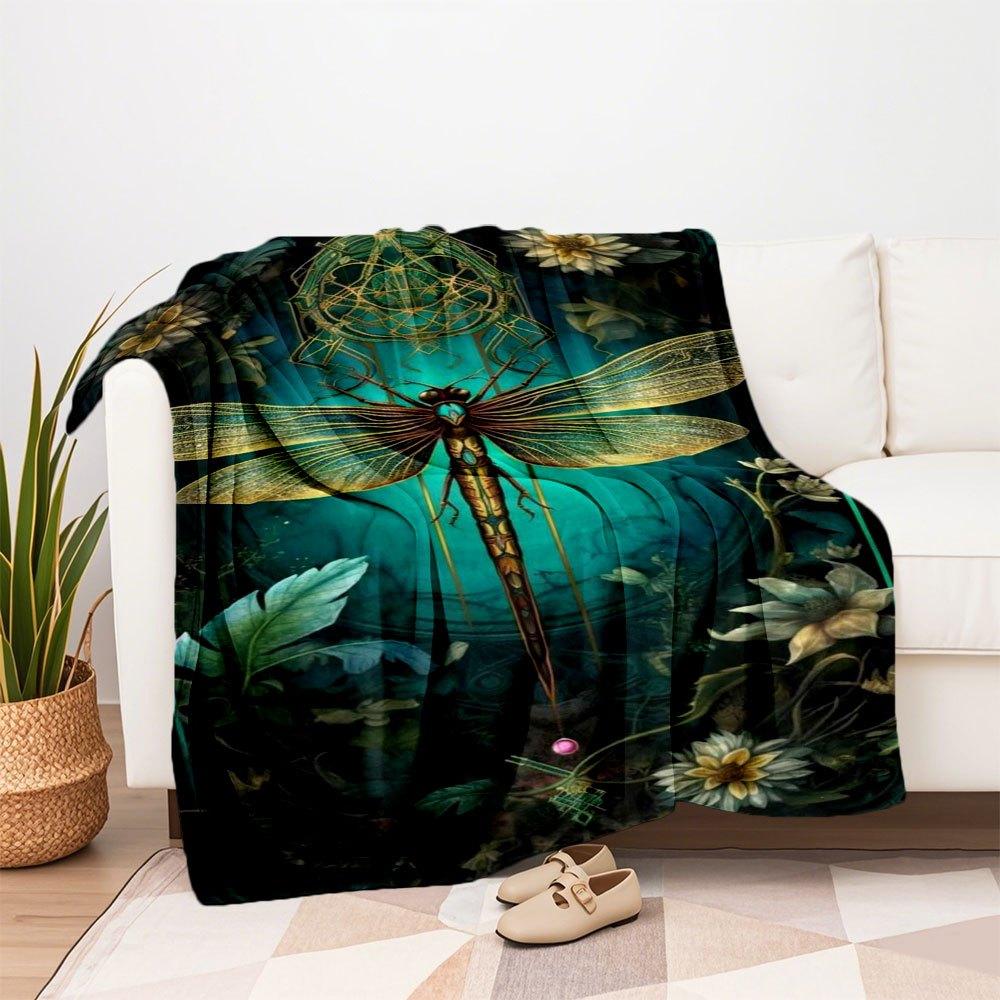 "Golden Dragonfly Fantasy Art Print - Nature's Beauty on Canvas"Blanket Flannel Throw Blanket for Sofa, Bed, Travel, Camping, Office, Couch,