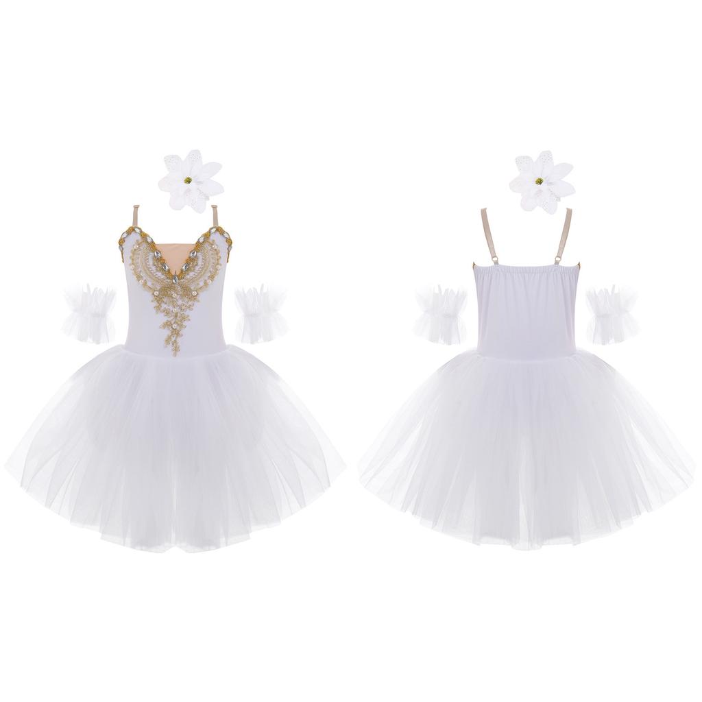 Girls Ballet Dance Dress, Sleeveless Tutu with Spaghetti Straps, Rhinestone & Lace Decor, Mesh Skirt + Headdress & Ruffle Band