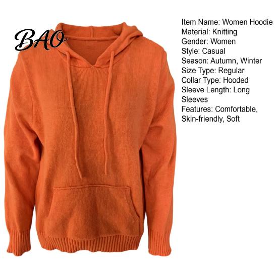 Damen Strick-Kapuzenpullover für Herbst Winter, Langarm Pullover Weicher Gerippter Saum Strickware mit Fronttasche, Einfarbige Lässige Kapuzenoberteil Oberbekleidung