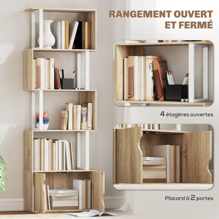 Bookshelf - HOMCOM - 5 Levels - Shelves and Double Door Cabinet - Particleboard - 60 X 23.8 X 179.2 Cm - Natural Wood