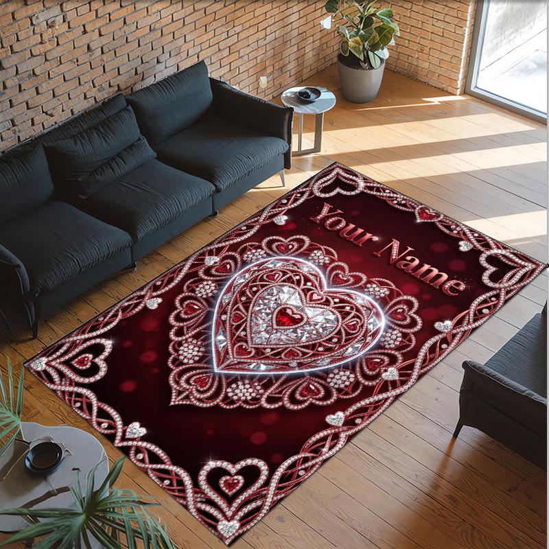 Hearts Theme Crystal Velvet Floor Rug Personalized Custom Name Text Warm Carpet Home Decoration