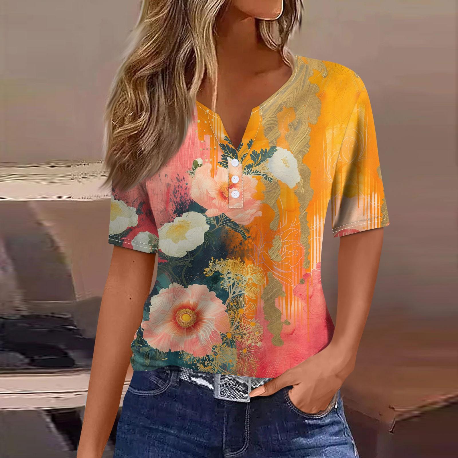 

Жіноча футболка Футболка з принтом на ґудзиках з коротким рукавом Щоденна мода на вихідні Базовий V-подібний виріз Звичайний топ Літо M помаранчевий