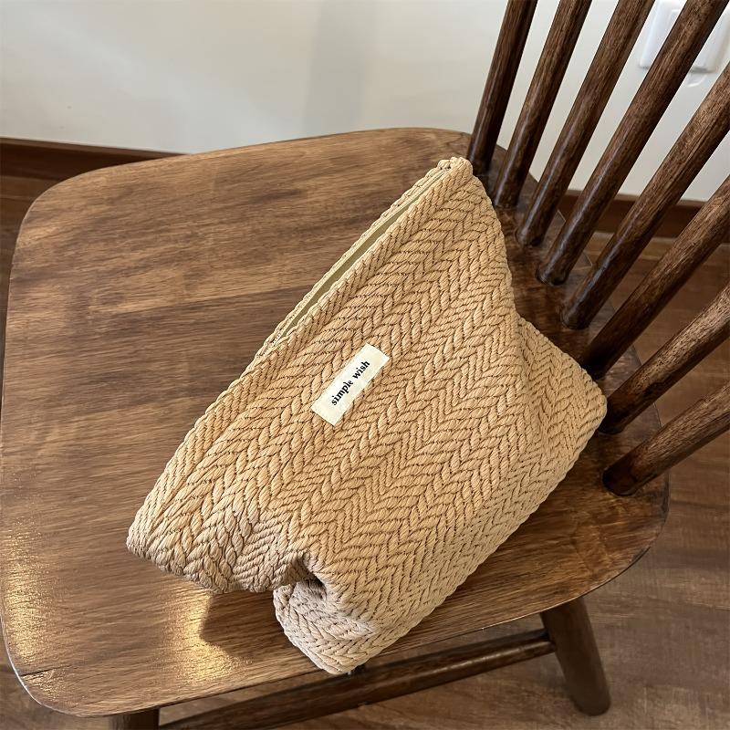 Rice Grain Pattern Woven Fabric Handbag, Women'S Travel Cosmetic Storage Organizer, Makeup Pouch, Zipper Closure, Toiletry Bag