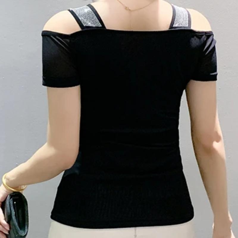 Summer Women Bow Letter Shiny Hot Diamonds T-Shirt Sexy Off Shoulder Slim Top New Chic Short Sleeve Tees Shirts