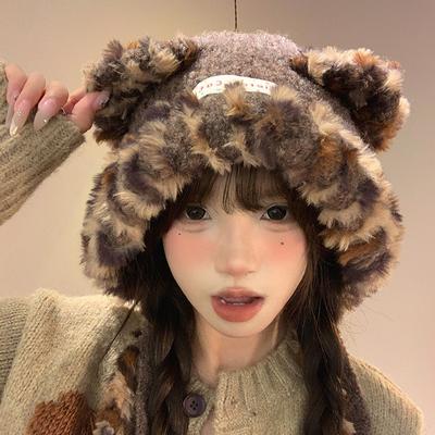 Cute Cat Ears Plush Hat Knitted Hat Women's Winter Big Head Circumference Warm Ear Protection Headgear Versatile Lei Feng Hat