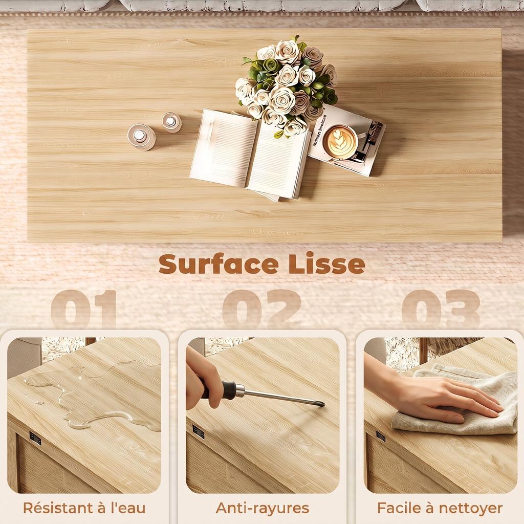 Lift-Top Extendable Coffee Table, Hidden Compartment, Open Shelf, 100 x 45 x 50.5 cm, Natural Wood