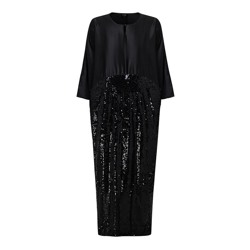 Oversized Women 3/4 Sleeve Glitter Sequin Patchwork Casual Baggy Maxi Kaftan Dress