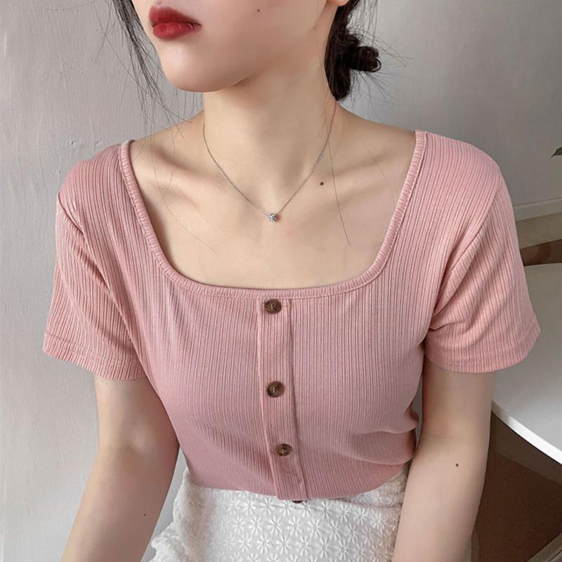Retro Summer Slim Short Section Square Neck Knit Shirt Short-sleeved T-shirt Female Yankee Heart Machine Exposed Collarbone Tops Casual Pullovers Tees