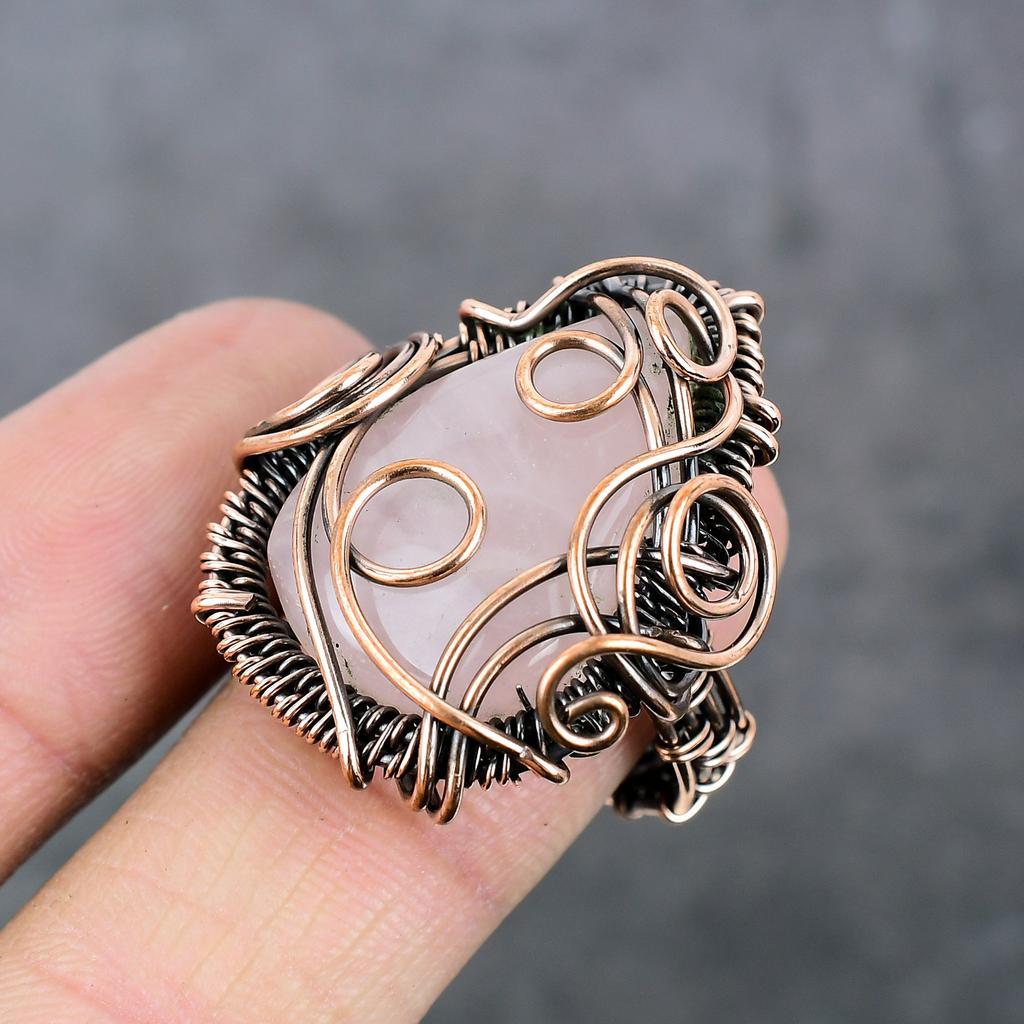 Rose Quartz Handmade Copper Wire Wrap Jewelry Ring Size 9 m5k71