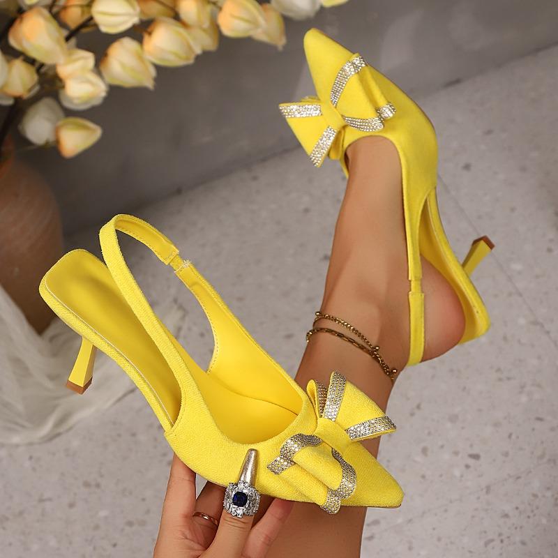 Fashion Baotou Trip Strap Pointed Toe Fashion Stiletto Sandals Pointed Toe Shallow Mouth Temperament Crystal Bow Heels
