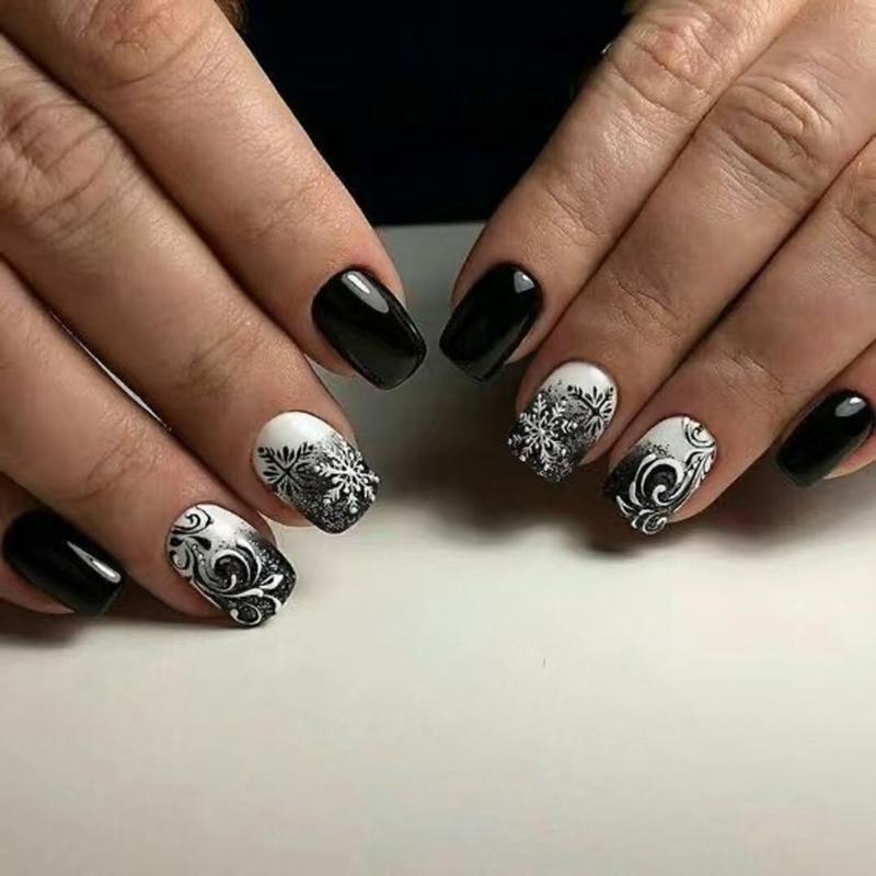 

24Pieces Winter Themed Black White Snowflake Glitters Press On Nail False Nail ABS Construction Easy Application 1