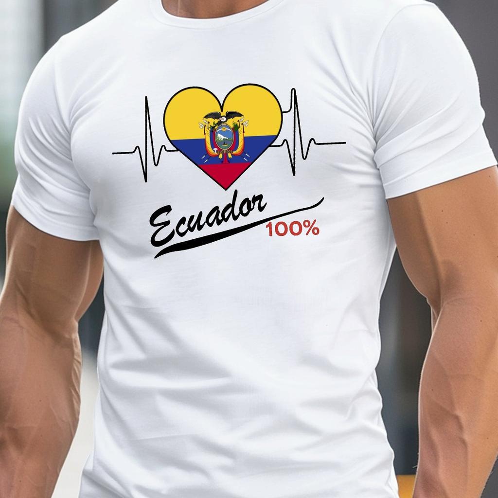Ecuador Flag Heartbeat Love Mens Graphic Cotton Crew Neck Short Sleeve T Shirt Casual Summer Tee