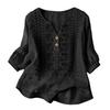 Women Boho Embroidered Blouse V‑Neck Linen Blouse Loose Button Decor Casual Tunic Top for Ladies Daily Wear