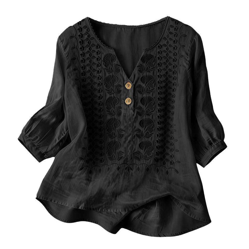 Women Boho Embroidered Blouse V‑Neck Linen Blouse Loose Button Decor Casual Tunic Top for Ladies Daily Wear