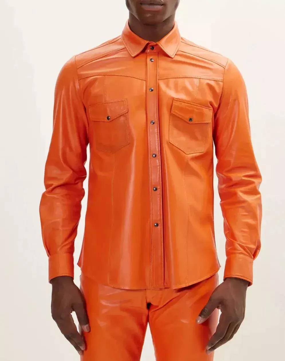

Повседневная Вечеринка Классическая Стильная Мужская Рубашка Оранжевая Формальная Ручная Работа Кожа Ягненка 3XL оранжевый