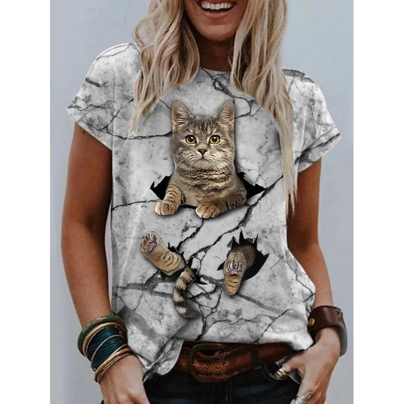 3D Cat Painting Women's T-shirt Cat Image Printing Round Neck Casual Summer Tops