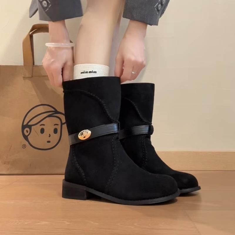 

2025 autumn and winter French minimalist college fashion boots women s fashion belt buckle heightened and comfortable with skirt short boots tide 35 чёрный