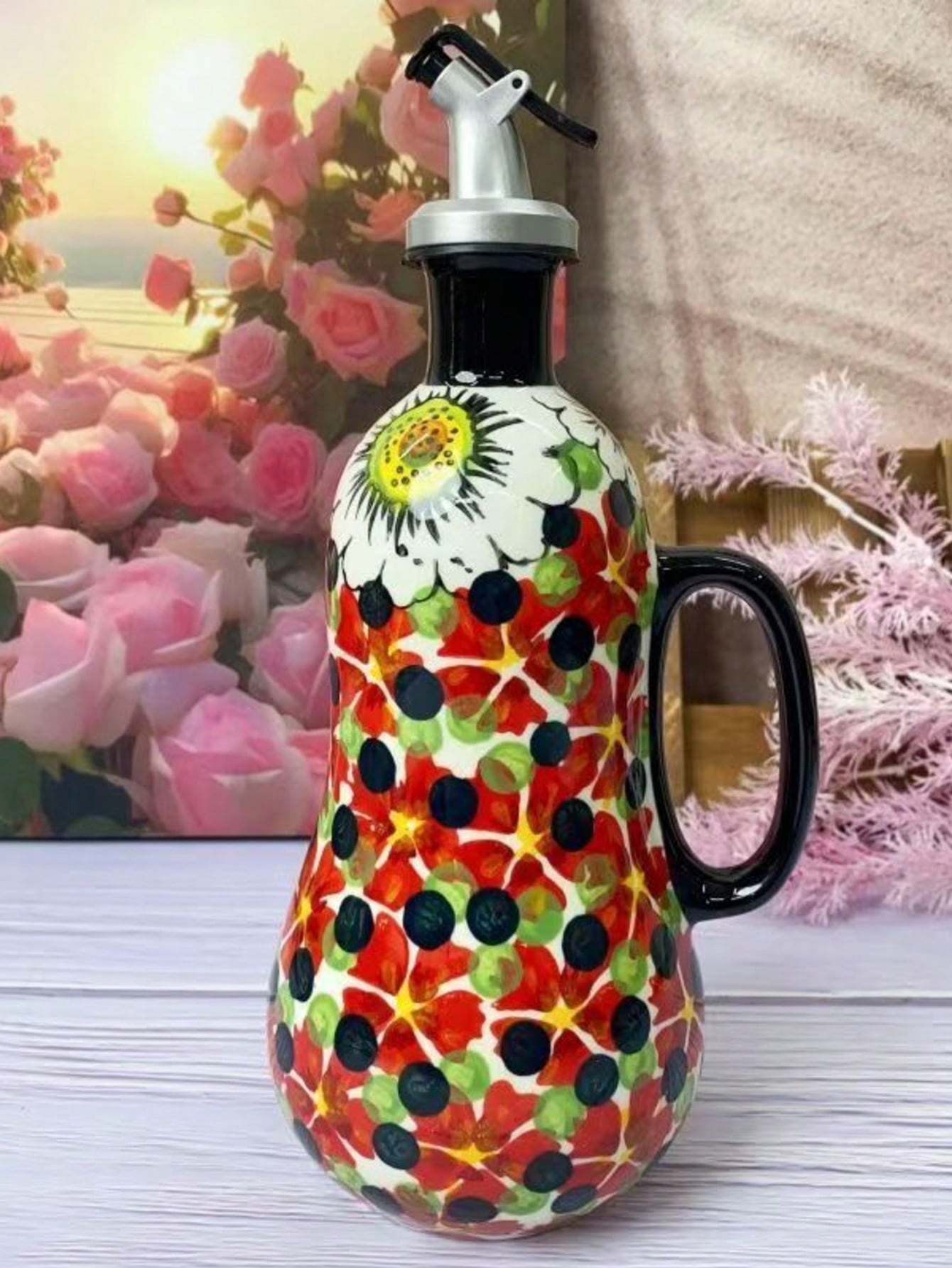 

Flowers Plants Ceramic Olive Oil Bottle Soy Sauce Vinegar Multifunctional Kitchen Seasoning Drainage Bottle Kitchen Accessories