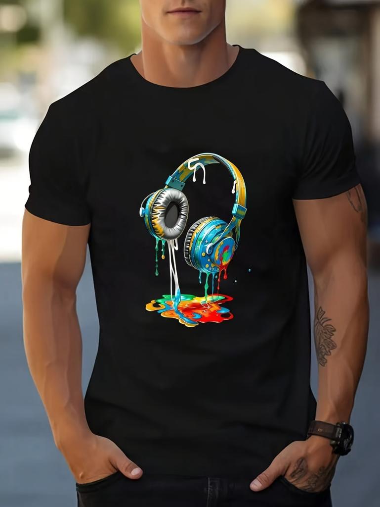 Men's T-Shirt Music Headphone Print Short Sleeve T-Shirt Lightweight Breathable Fabric Weekend Outfit Modern Style Men Clothes