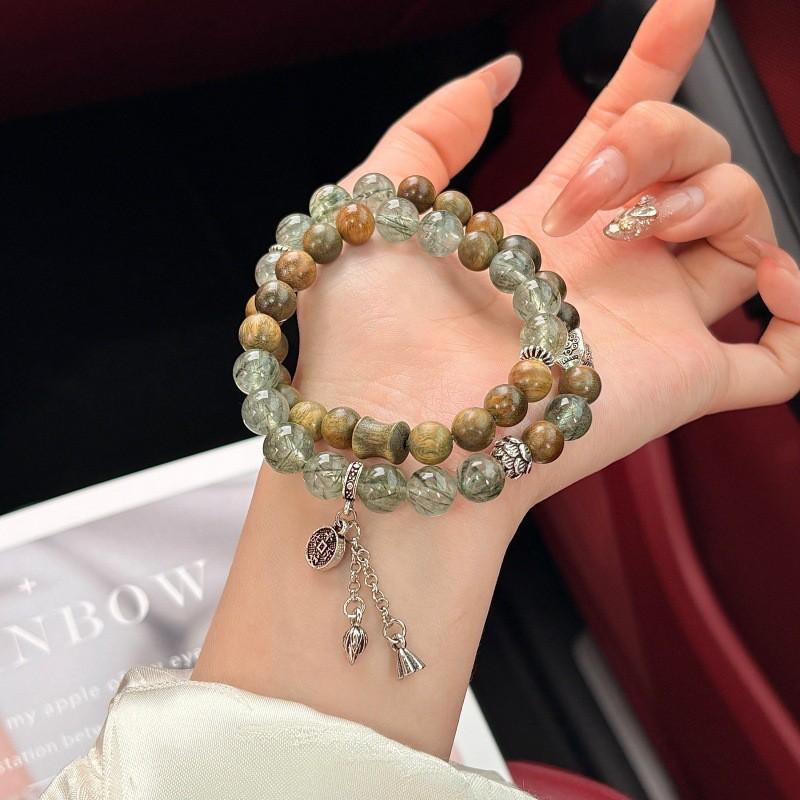 Handmade Green Rutilated Quartz Sandalwood Double Loop Bracelet Women New Chinese Style 8mm Beads Flowing Tassel Design
