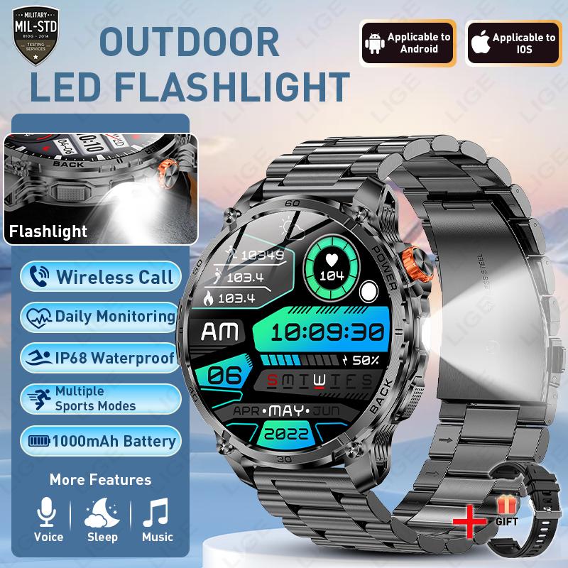 New Men Military Outdoor 1000mAh Battery Smart Watch Flashlight IP68 Waterproof 1.7-Inch HD Bluetooth Call Smartwatch