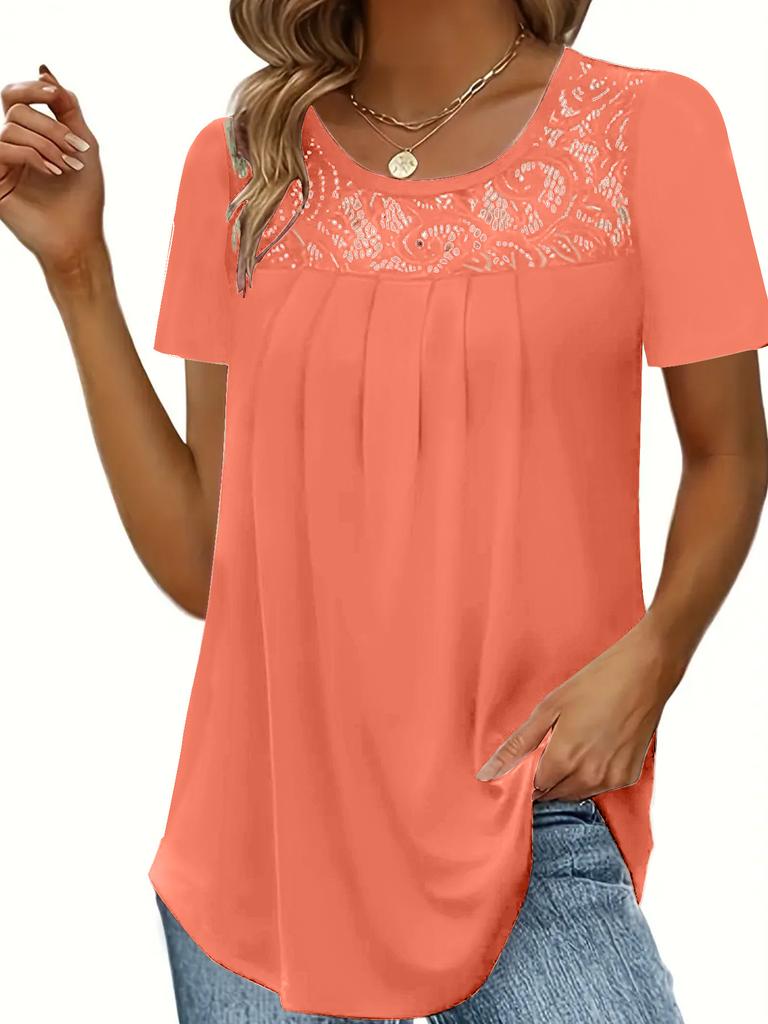 MODIQUE 2025 Summer Plus Size New Women's Minimalist Hollow-out Lace Solid Color T-Shirt Ladies Casual Short Sleeve O-Neck Top