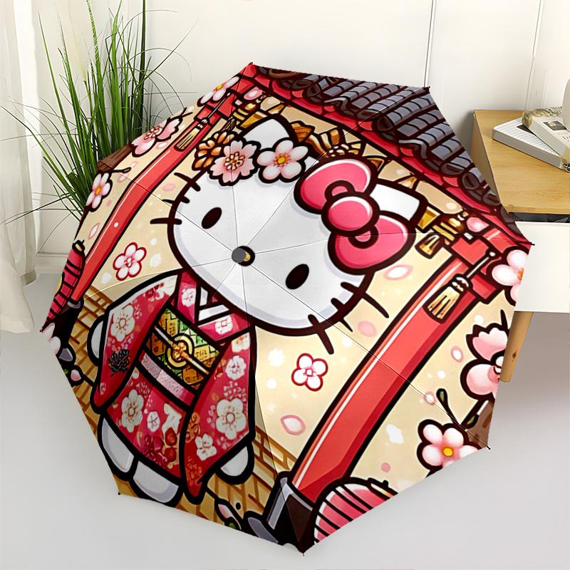 1pc Hello Kitty Cherry Blossom Kimono with Automatic Opening/Closing Umbrella, Portable Tri-Fold Design, 8-Bone Iron Frame, Outdoor Umbrella, Festival