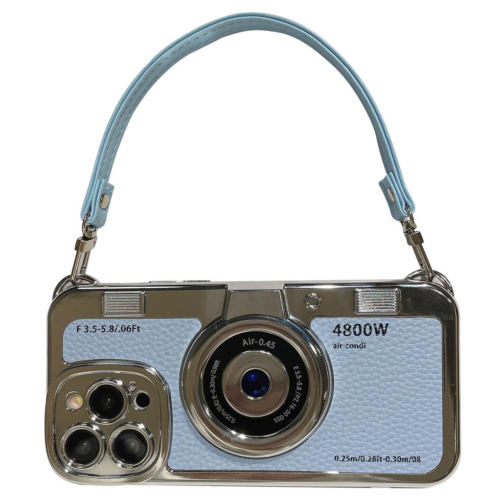 For iPhone 13 Pro Cases Camera Shaped Electroplating TPU Phone Cover with Wrist Strap