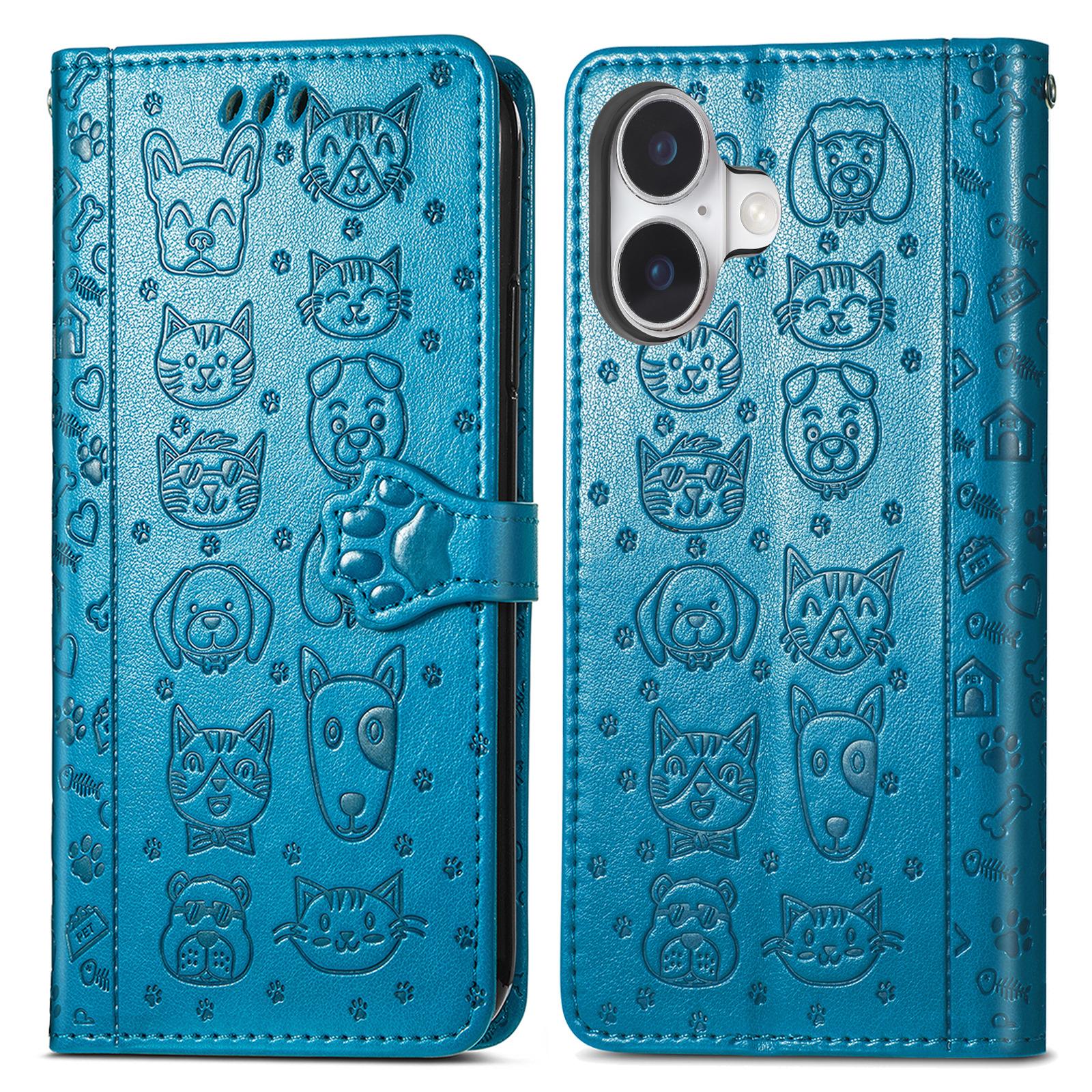 

For iPhone 16 Leather Wallet Case Flip Phone Cover with Cute Cat Dog Pattern Blue