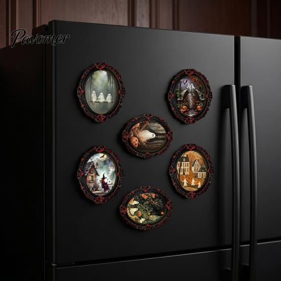 Decorative Metal Cabinet Stickers Halloween Wooden Refrigerator Magnets, Vintage Gothic Oval Frame Fridge Magnets with Witch Niche Holiday Souvenir