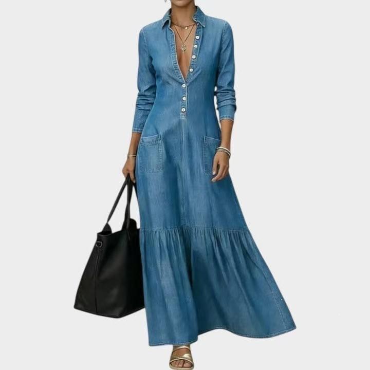 European and American street retro collar temperament denim dress women's summer new high-end foreign-style waist dress
