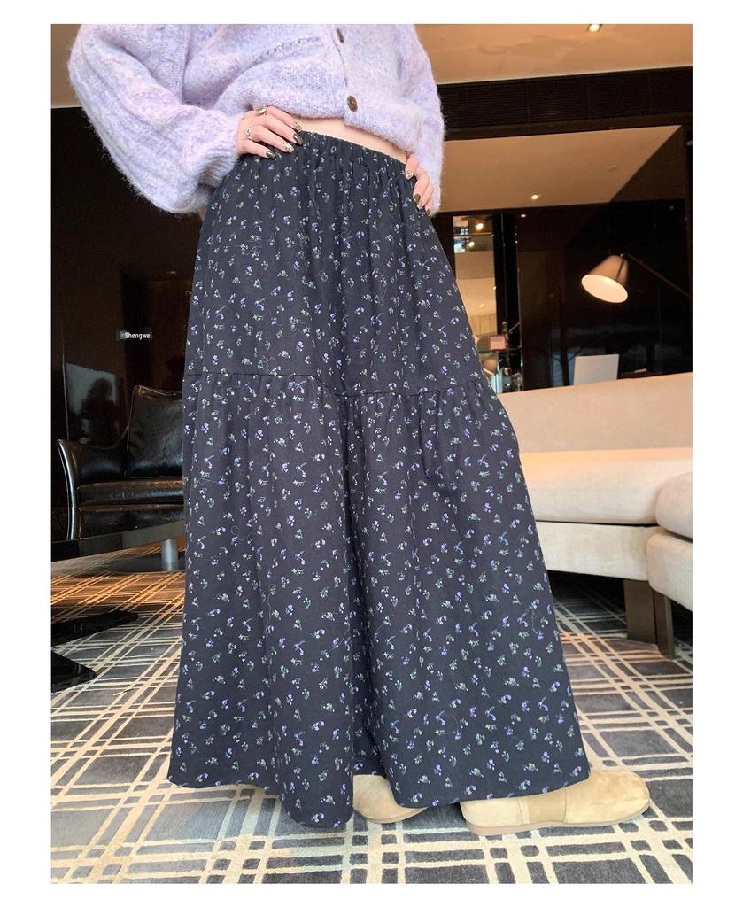 2025 Autumn Floral A-line Slimming Skirt with Elastic Waist for Women
