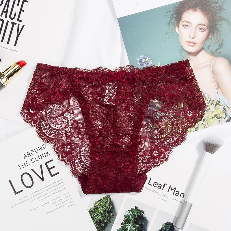 

Бесшовные кружевные женские трусики-треугольники с низкой посадкой, дышащей ластовицей из чистого хлопка и антибактериальной ластовицей Large [115-130 lbs] вино красного