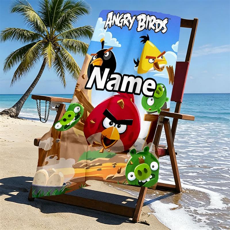 Custom Name Personalized Angry Birds Print Beach Towel, for Trip Camping Beach Party Home Decor, Birthday Gift for Family & Friends