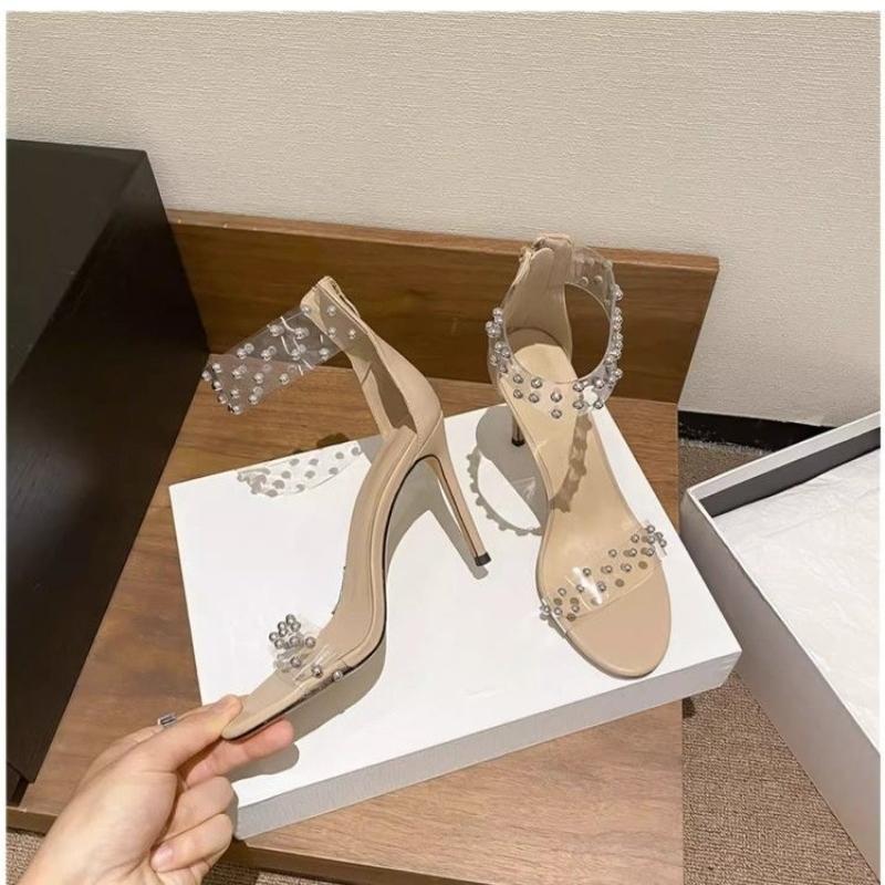 Fashion Summer New Rivet One Strap High Heels Women Open Toe Sexy Pearl Sheer Strap Non-slip Versatile Stiletto Sandals