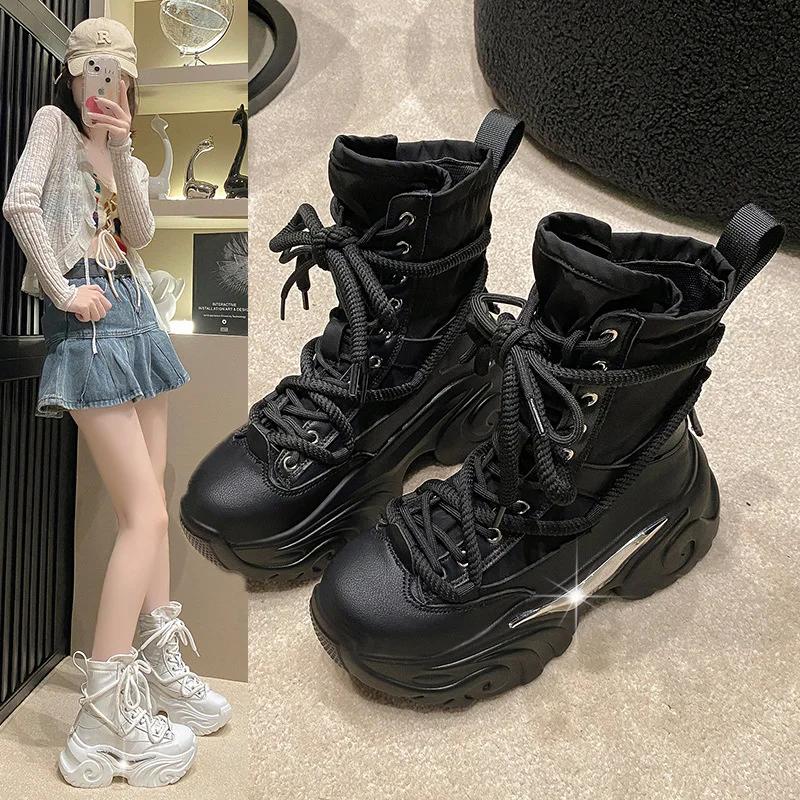 Fashion Women Ankle Boots Spring Autumn Chunky Shoes Woman High Heels Platform Breathable Sneakers Thick Sole Wedges Motorcycles Botas