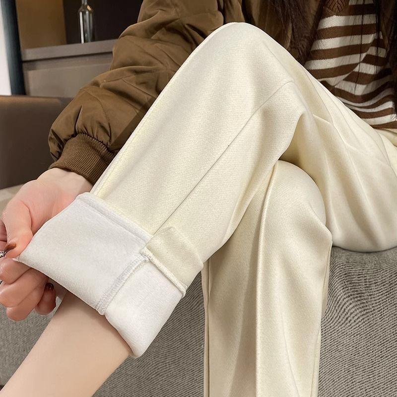 Woolen High-Waist Fleece-Lined Slimming Cigarette Pants, Autumn/Winter, Elastic Waist, Cropped Loose Fit