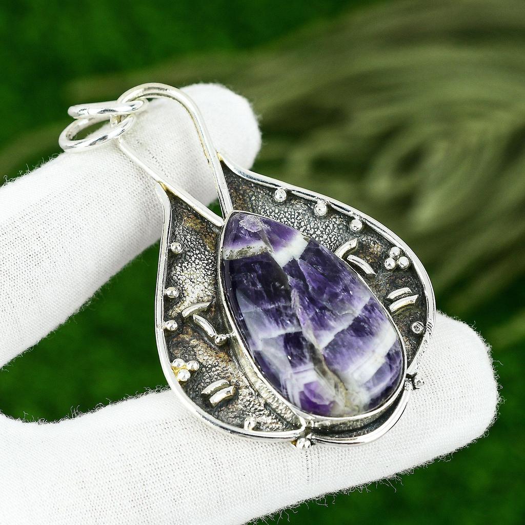 Natural Chevron Amethyst 925 Sterling Silver Bezel Crown Chakra Ethnic Pendant