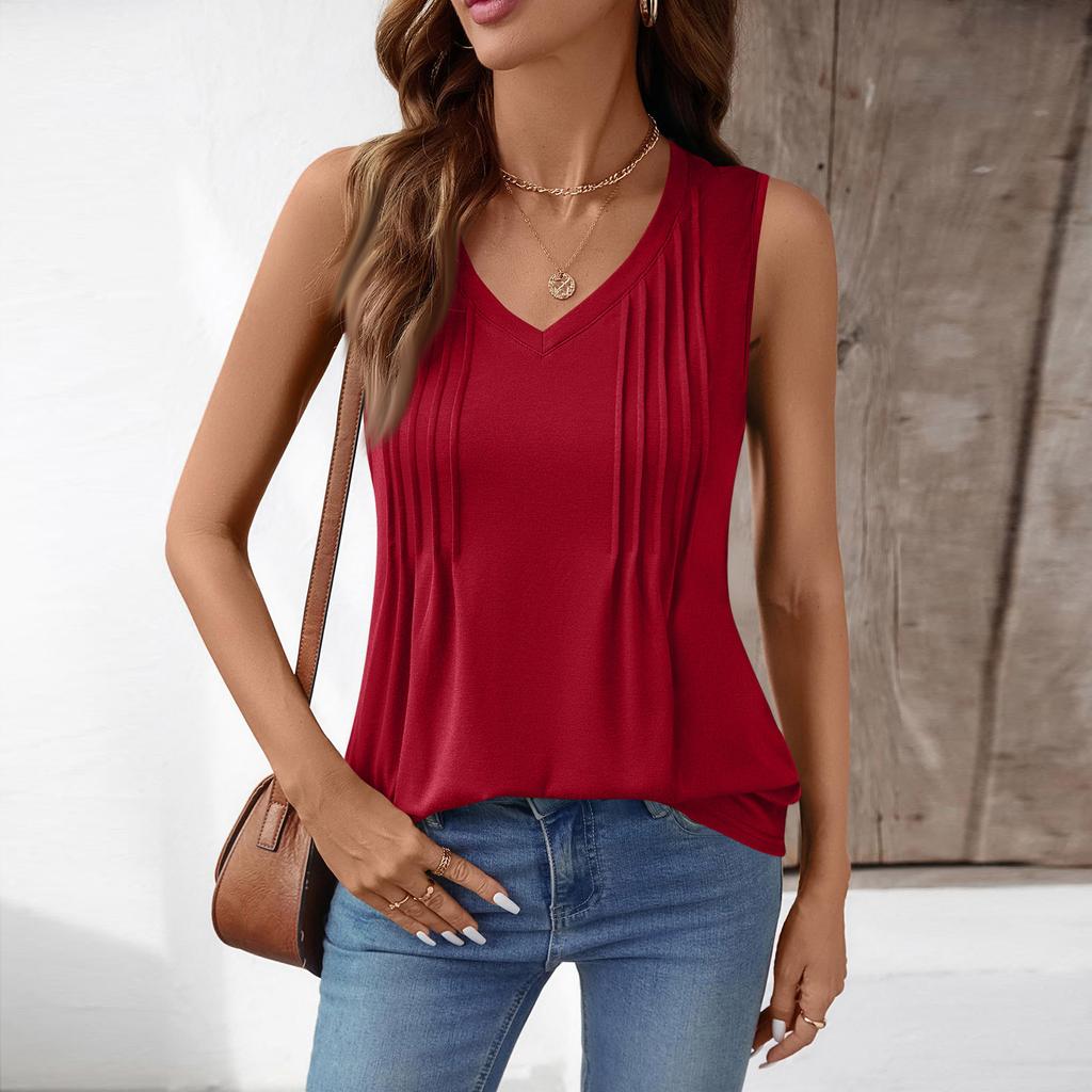 Sleeveless V Neck Pleated Tank Top for Women Summer Lightweight Relaxed Fit Blouse Casual Loose Shirt for Daily Wear