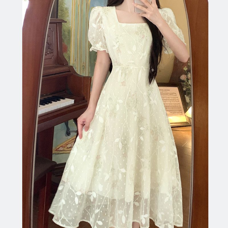 Plus size French style Fresh Dress Women Summer Gentle Embroidery Long dress Chubby Girl Belly Covering Slimming A- line Skirt.
