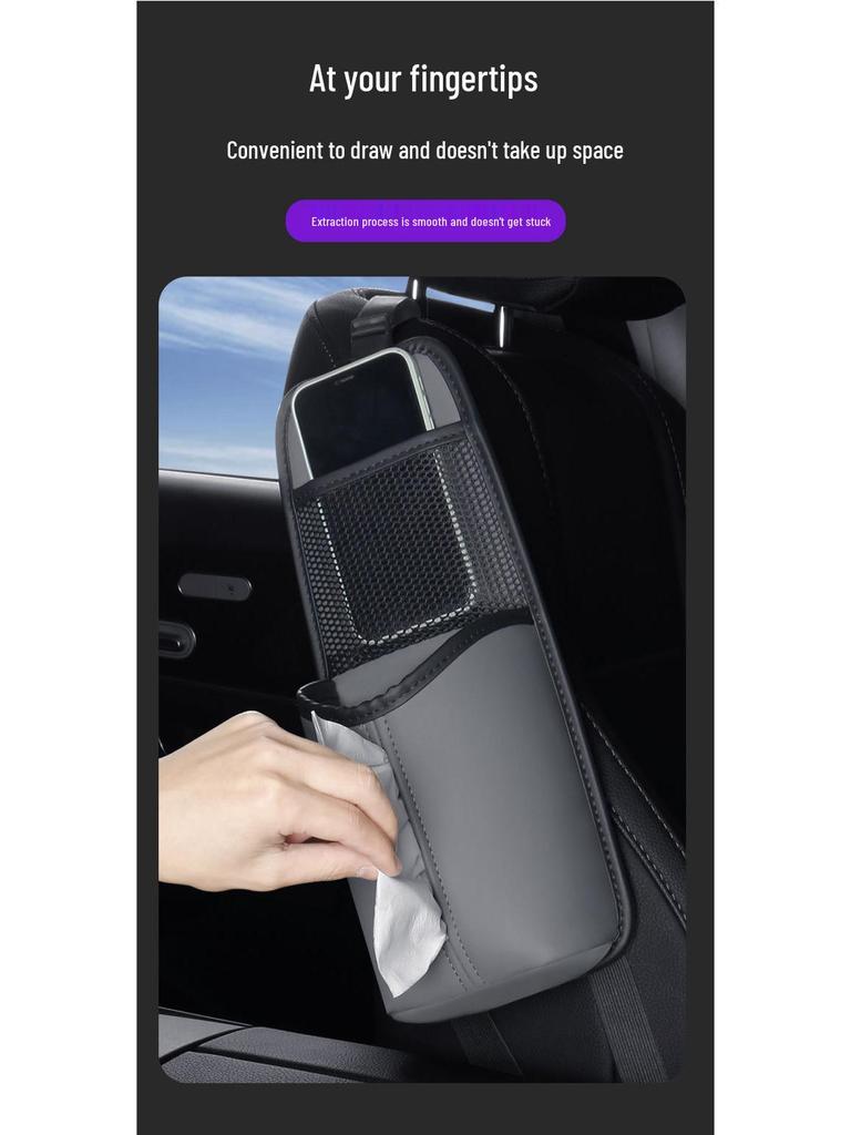 Multifunkční kožený organizér na autosedačku s držákem na kapesníky a úložným prostorem na nápoje