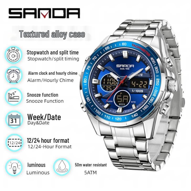 Sanda Men's Waterproof Dual Display Multi-Function Watch with Timer, Snooze, and Night Light.
