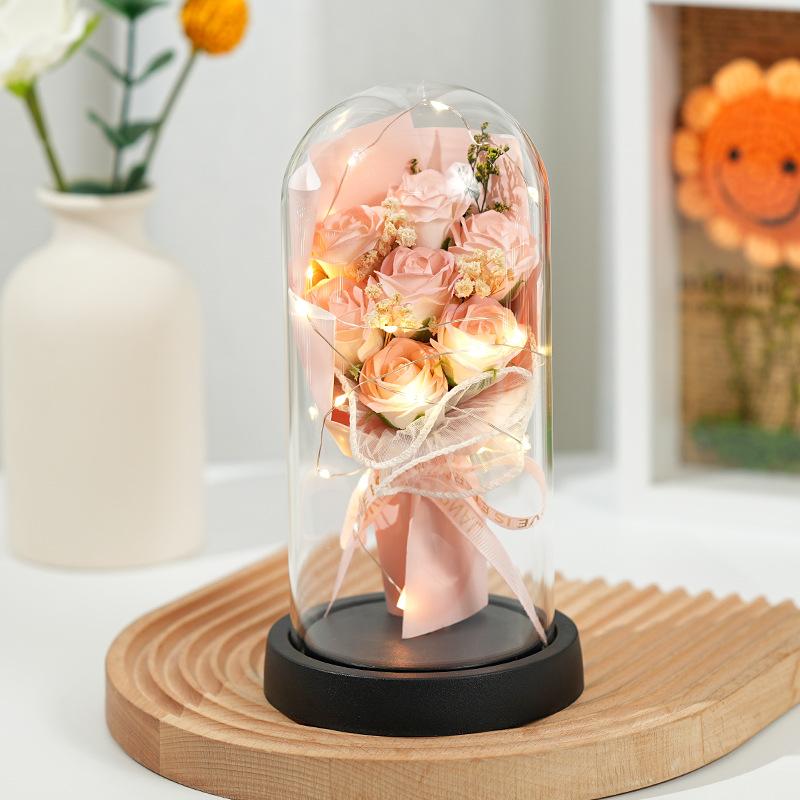 New Qixi Festival Valentine's Day Gift Rose Lantern Glass Cover Immortal Flowers Dried Flowers Bouquet Teachers' Day Carnation Ornament
