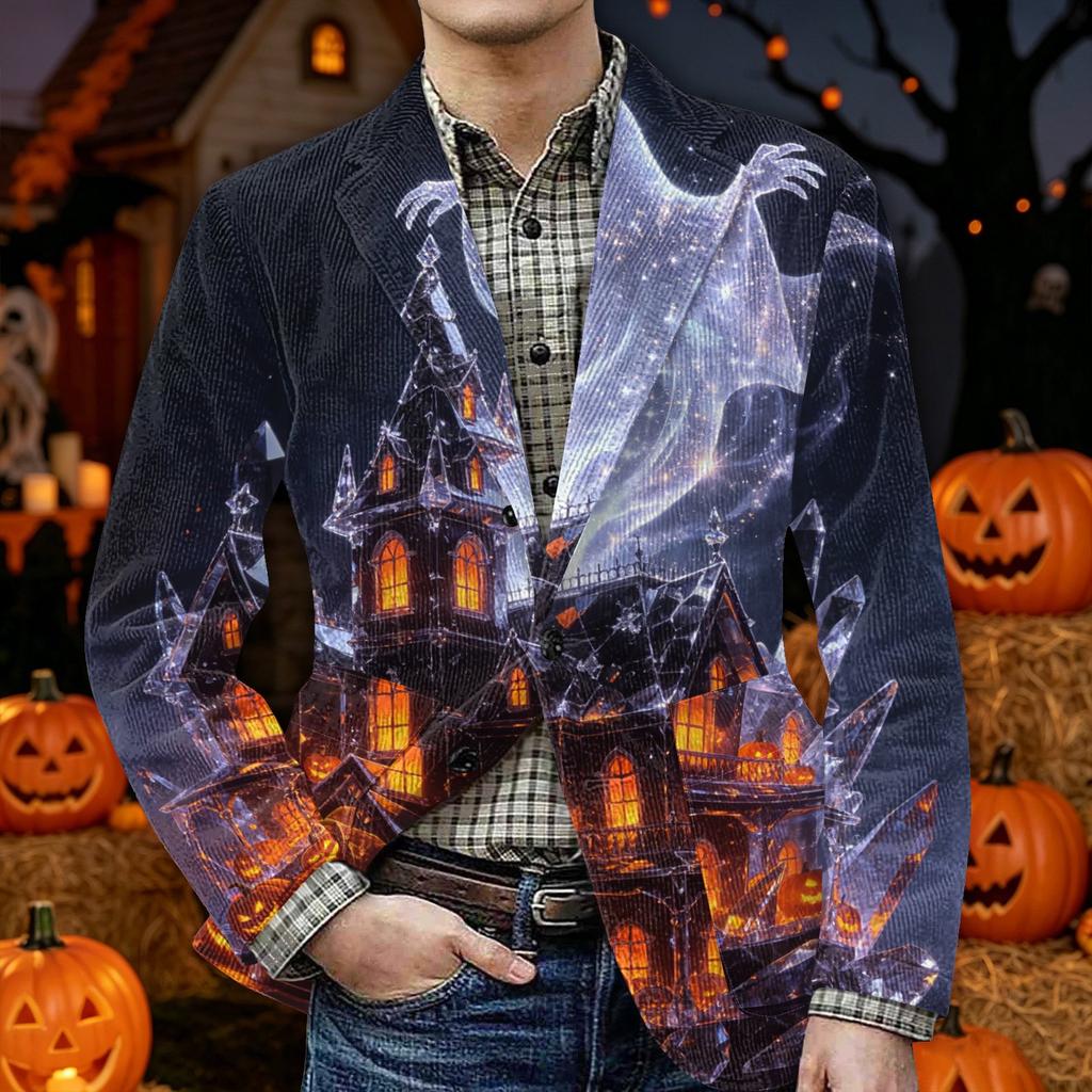 Men's Halloween Print Corduroy Warm Blazer Jacket with Pockets Casual Suit Coat Long Sleeve Button Front Outerwear for Fall