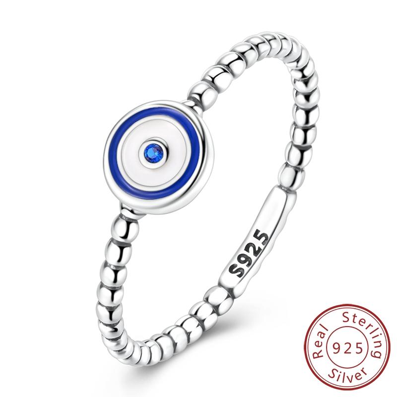 Original Real 925 Sterling Silver Blue Eye Ring For Women Men Size Adjustable Circular Open Ring Simple Jewelry Gift