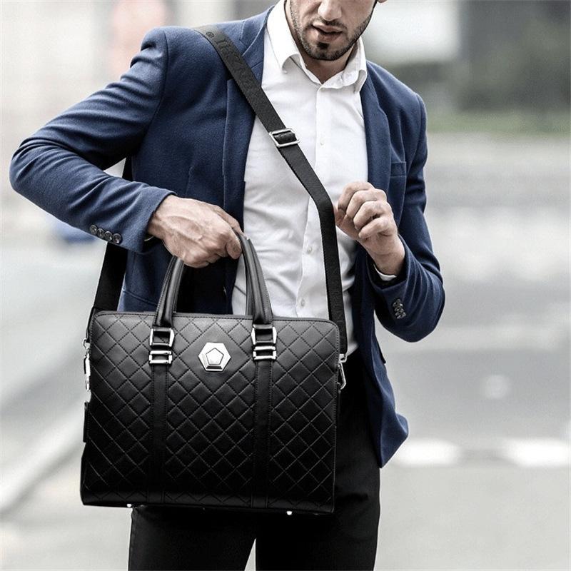 TS JYL laptop bag,Business Embossed Briefcase Wearproof Leather Grid Laptop Handbag