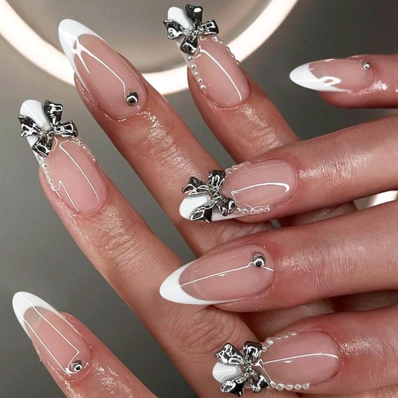 

24 Pieces Medium Almond False Nail French Tip with Bows Designs Press on Nail Artificial Nail for Everyday Use 1