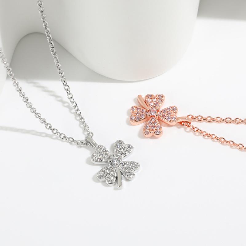 Pink Diamond Lucky Grass Pendant Collarbone Chain Female, Niche Design Wind Four-Leaf Clover Necklace