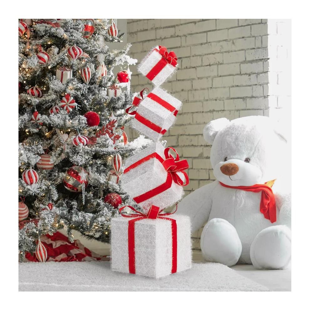 3ft Christmas 80 LED Lighted Gift Box Tower Pre-lit Stacked Xmas Present Boxes