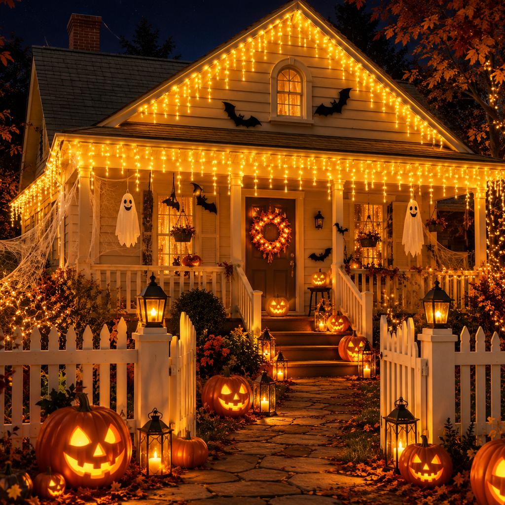 LED String Lights Halloween USB Icicle Lights Warm White 6M 100LED/10M 200LED 8 Modes for Window Eaves Porch Party Decor